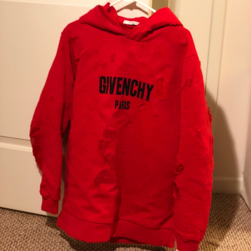👕GIVENCHY large red distressed logo print hoodie
